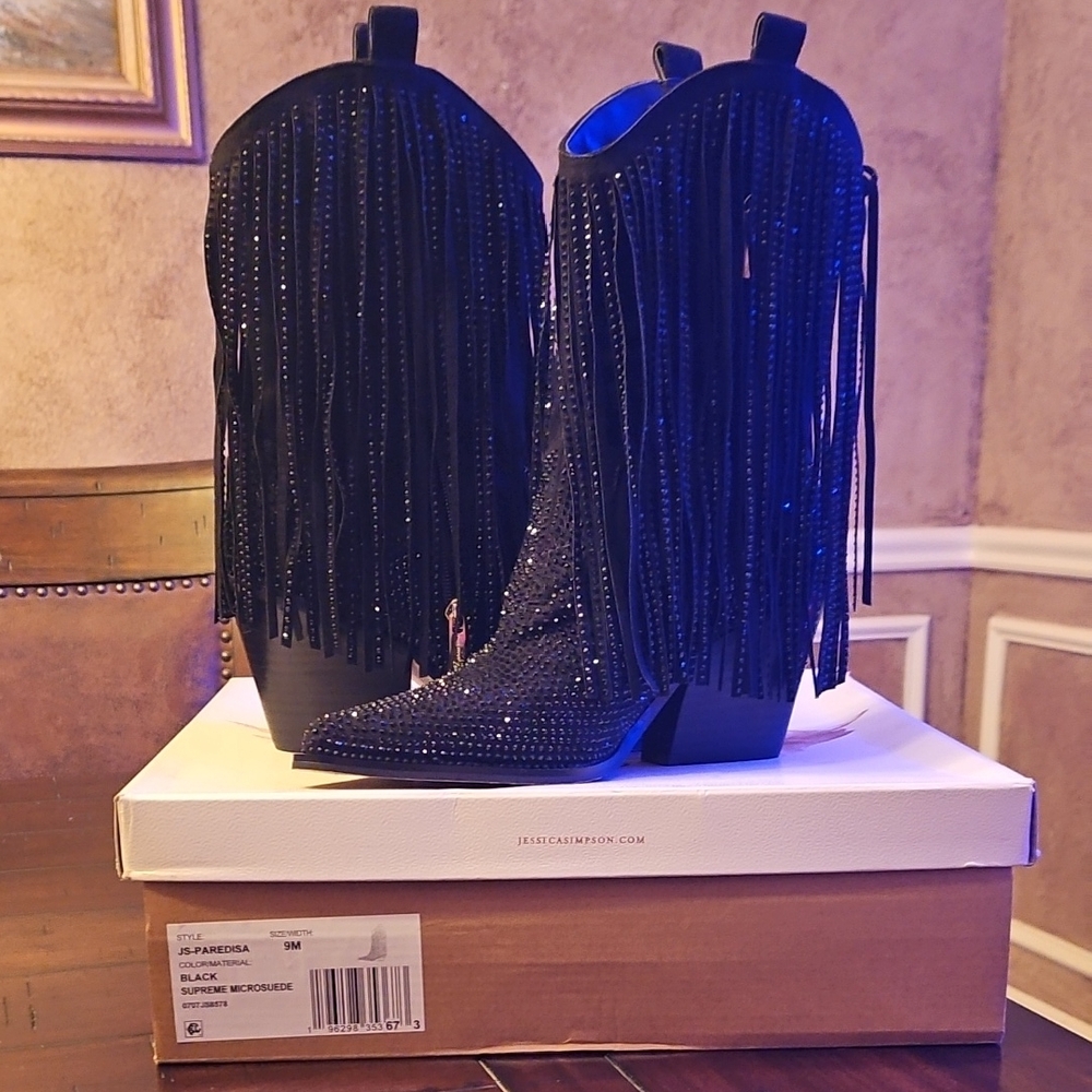 Jessica Simpson Black Fringe Heeled Boots